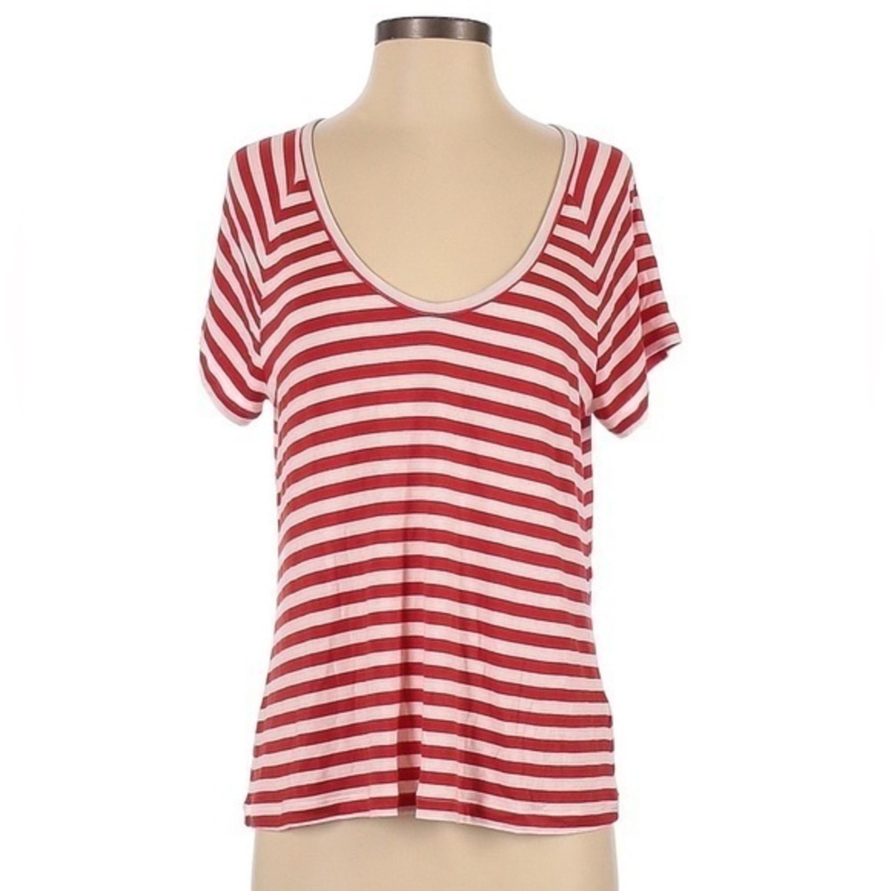 Cabi Women's Large Red White Stripe Scoop Neck Shrunken Tee Shirt Top #5798